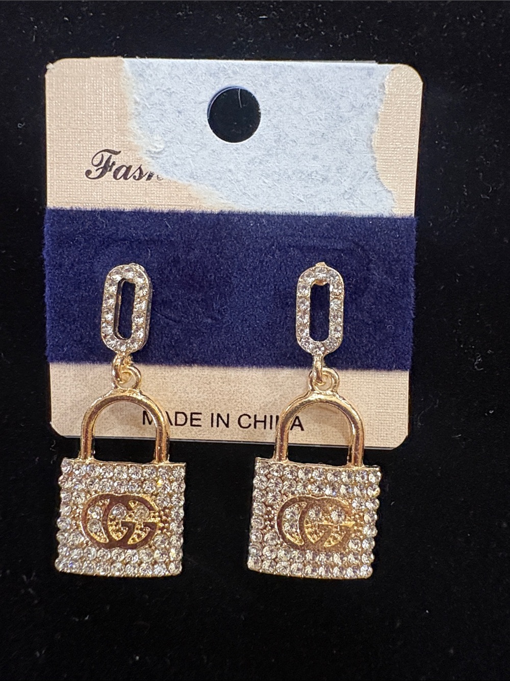 FA Gold-Tone Crystal Padlock Drop Earrings - Picture 2 of 3